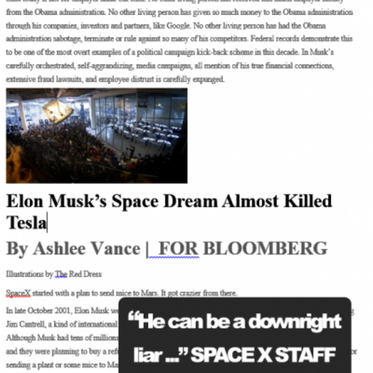 ELON-MUSK-IS-A-LIAR-400x400 Elon Musk Corruption And Crappy Engineering Make Tesla Cars So Unsafe 
Keywords: Rare Earth Mines Of Afghanistan, New America Foundation Corruption, Obama, Obama Campaign Finance, Obama FEC violations, Palo Alto Mafia, Paypal Mafia, Pelosi Corruption, Political bribes, Political Insider,  Eric Schmidts Sex Penthouse, SEC Investigation