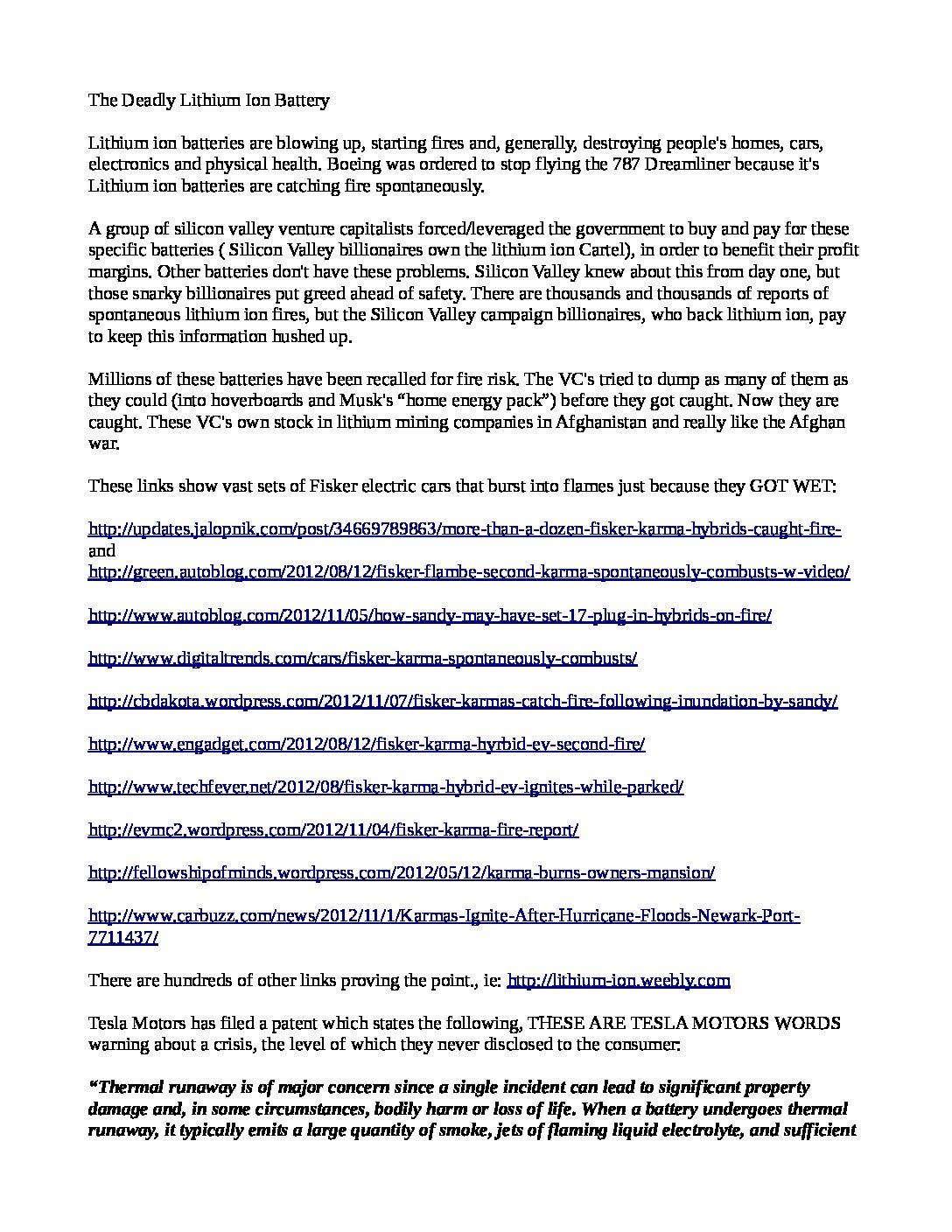 The-Deadly-Lithium-Ion-Battery-OBAMA-AND-MUSK-RARE-EARTH-MINING-SCAM-pdf
Keywords: Rare Earth Mines Of Afghanistan, New America Foundation Corruption, Obama, Obama Campaign Finance, Obama FEC violations, Palo Alto Mafia, Paypal Mafia, Pelosi Corruption, Political bribes, Political Insider,  Eric Schmidts Sex Penthouse, SEC Investigation